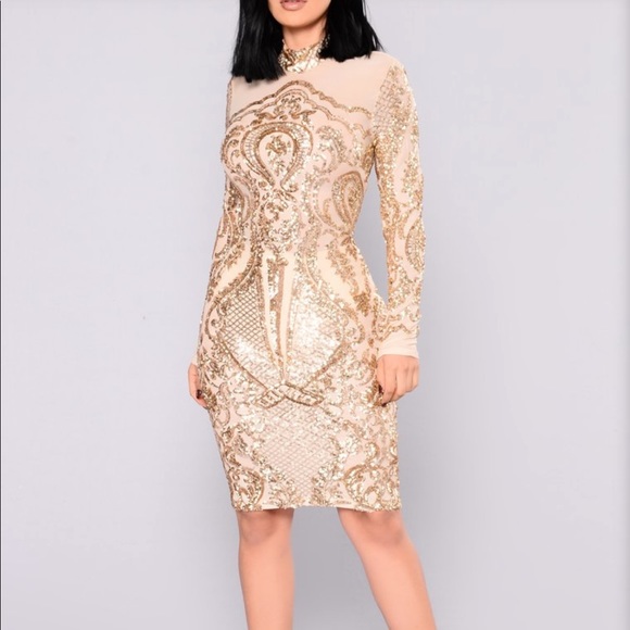 Dresses & Skirts - Plus Size! ✨ Long-sleeve Mesh Sequins Dress (Gold)